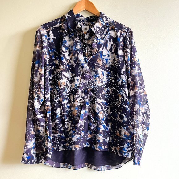 Cabi Starry Night Print Ruffle Button Up Blouse Top Womens Size M Chiffon Career - Picture 4 of 8